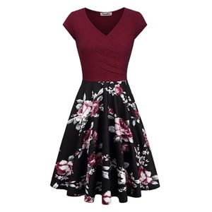 KASCLINO Floral Printed Pockets Dress: Wine Red